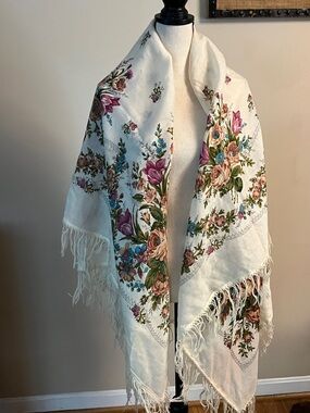 Wool vintage Russian large shawl, Pavlovo Posad region, has some holes